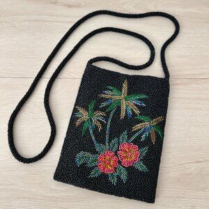 VTG Maui By Design Hand-beaded Black Palm Trees Hibiscus Crossbody Evening Bag